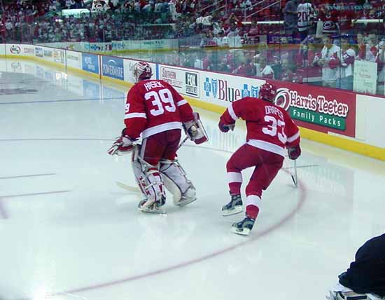 Warmups.  We were standing on the Red Wings side of the ice.