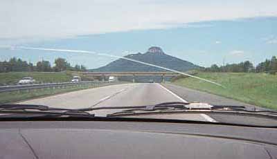 The approach to Pilot Mountain.  You can probably see why we call it ''Mount Titty'' / ''Boob Mountain''.