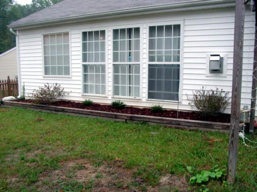 This is the flower bed along the back of the house.  We planted bushes because flowers are too much work.